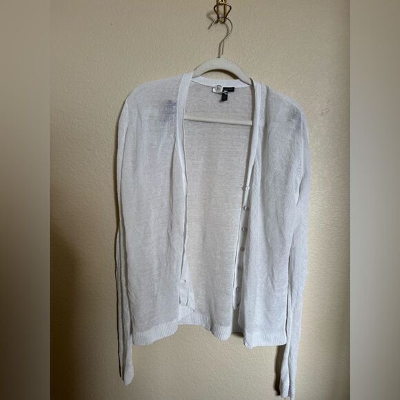Eileen Fisher Linen Sheer Knit Cardigan Sz M White Lightweight V Neck Buttoned - Picture 2 of 5